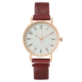 Women's quartz watch with red magnetic mesh band and rose gold case on white background - Red