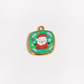 Détail d'un pendentif carré en émail vert Père Noël avec cadre plaqué or 18 carats - Style Père Noël Vert