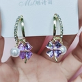 Pink four-leaf clover earrings with purple heart petals, white pearl, and gold hoop - Purple Crystal Four-Leaf Clover Pearl Earrings [Ear Needle]