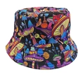 Detail of vibrant mushroom graffiti print on a black street-style reversible bucket hat - Black Mushroom
