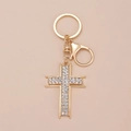 Portachiavi a croce dorata con strass bianchi e chiusura a moschettone su beige - Oro Kc 6091