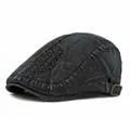 Vintage dark gray jacquard denim beret cap with heart pattern patch on white background - Adjustable / Black