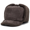 Winter-Ohrenklappenhut für ältere Herren aus dunkelbraunem Wildleder mit Lammfellfutter - Einheitsgröße / Kaffeebraun