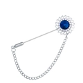 Silver lapel pin featuring a round dark blue gemstone with a fringe chain tassel - Ink Blue (Silver Base)