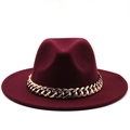 Classic burgundy wool fedora hat with stylish wide brim and decorative gold chunky chain - XL (Above 60cm) / Burgundy
