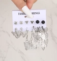 6-pair silver earring set with butterflies and rhinestones on a fashion display card - Butterfly White Zircon Style (55572)