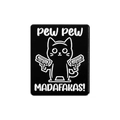 Detail of a black enamel pin featuring a cartoon cat with guns and funny slogan text - Pew Pew Cat