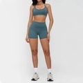 Graublaues Yoga-Set mit Halter-Sport-BH und Shorts mit hoher Taille - S / 3109 Bh + 8863 Shorts – Kosmisches Blau