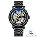 All-black stainless steel skeleton mechanical watch with gold hands and roman numerals - Gun Black Steel Strap