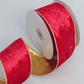 Red velvet Christmas ribbon with elegant gold wired edges on a white paper roll - 6.3cm Width / 10 Yards / Red