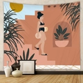 Detail of Modern Boho tapestry showing a woman on stairs with sun and palm leaf elements - Mld211