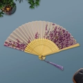Japanese style bamboo folding fan with purple flower patterns and matching silk tassel - White Ribs Style 72