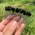 Peine para el pelo hecho a mano con 20 púas de metal y piedras negras naturales en bruto - Peine de Plata Obsidiana Hilo de Plata