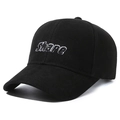 Black corduroy baseball cap with Share embroidery shown in a three-quarter view - Adjustable / Black With White Embroidery