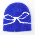 Detail of navy blue fuzzy knit beanie featuring a soft white bow jacquard pattern - L(58-62cm) / Sapphire Blue