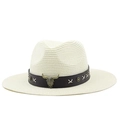 Detail of bohemian straw hat featuring a faux leather band and metallic bull skull emblem - Cream White (Bull Head Leather Band Style)