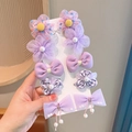 Set of 10 purple cartoon hair clips with mesh flowers and bows for little girls - 343 Purple Grid Flower 10pcs Set