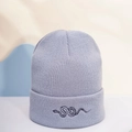 Detailed knit texture of lavender beanie featuring a black snake embroidery on the cuff - Embroidered Snake / Light Gray