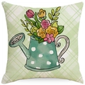 Linen floral cushion cover featuring blue flowers and checkered pattern designs - 18x18 Inch / Watercolor Watering Can Floral (LYD397-3)