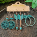 Bohemian vintage 3-pair earring set with bronze turquoise and geometric tassels - Round Arrow Hammered Ring Style (HQEF-1651)