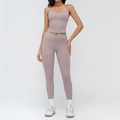 Mauve two-piece yoga set with cross waist leggings and slim fit crop top with pockets - S / Top And Bottom / Smoky Purple