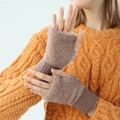 Brown plush fingerless knitted gloves with ribbed cuffs for women winter warmth - Plush Style-Half Finger / Brown