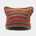 Dettaglio della trama del cappello a strisce rosse e verdi con orecchie da gatto - Rosso & Verde
