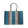 Peacock blue felt tote bag with white branded handles and brown leather strap detail - Dark Green