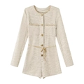 Elegante tutina in tweed beige a maniche lunghe con finiture a catena dorata - S / Bianco Sporco