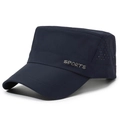 Donkerblauwe ademende mesh cadet cap met zilveren Sports-tekst en platte bovenkant - Verstelbaar / Marineblauw