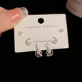 Detailed set of three silver stud earrings featuring square zircon, moon, and pearl designs - Silver-Rhinestone Star Moon Set (51#)
