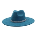 Close-up of peacock blue wide brim fedora hat with sparkly silver sequin trim band - 58 / Peacock Dark Blue