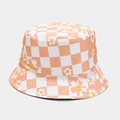 Detailed close-up of orange checkerboard fisherman hat with white daisy floral patterns - M (56-58cm) / Orange