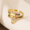 18K gold plated zipper ring with colorful zircon stones and adjustable open band - Gold Zipper (Rainbow Zirconia)