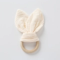 Cream color gauze bunny ears baby teether ring with smooth natural wooden ring - Cream