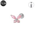 F136 titanium labret stud met roze zirkoon vlinder en intern schroefdraad design - Roze Zirkonia / Zilveren vlinder