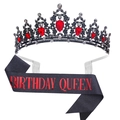 Gothic Birthday Queen set featuring a black metal crown with red gems and matching sash - Black Red Gothic (Queen)(4)