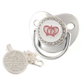 Silver baby pacifier with pink crystal crown design and sparkling rhinestone chain - Silver White Crown