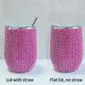 Pink rhinestone 12oz stainless steel tumbler with flat lid and straw lid options - Pink