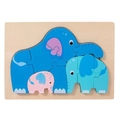 3D wooden cartoon elephant puzzle for toddlers featuring blue, cyan, and pink pieces - Elephant Group