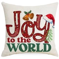 Housse de coussin de Noël en lin avec imprimé Joy to the World et motifs de cloches - Joie Au Monde