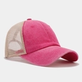 Detail of rose red washed cotton and khaki mesh patchwork on retro trucker hat - Adjustable / Rose Red