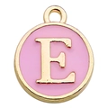 Pink enamel round charm with gold letter E for DIY bracelet and necklace jewelry making - Letter E / 1 Piece (12x14mm) / Pink