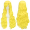 Long wavy lemon yellow cosplay wig with curly texture, front and back views - Bright Yellow