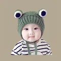 Infant winter knit hat in green frog design with ear flaps and secure chin straps - Little Frog Hat Green (2 Months - 2 Years Old)