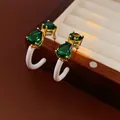 Irregular earrings with green gemstones, white enamel arc, and gold-plated finish - Retro Emerald Gemstone White Enamel C-Shape Studs