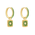Gold plated S925 silver hoop earrings with dark green zircons and vintage pendants - Green