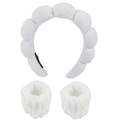 Soft white coral fleece headband and wristband set for skincare and face washing - Three-Piece Set / White