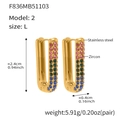 Detailed view of 18k gold plated U-shaped earrings with colorful zircon stones and size info - Large / Colorful