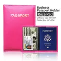Slim rose red PU leather passport holder case with multiple card slots for travel - Rose Red